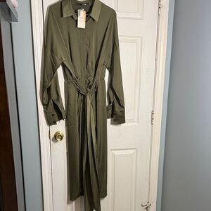 NWT Silky Tie-Waist Dress in Olive Green